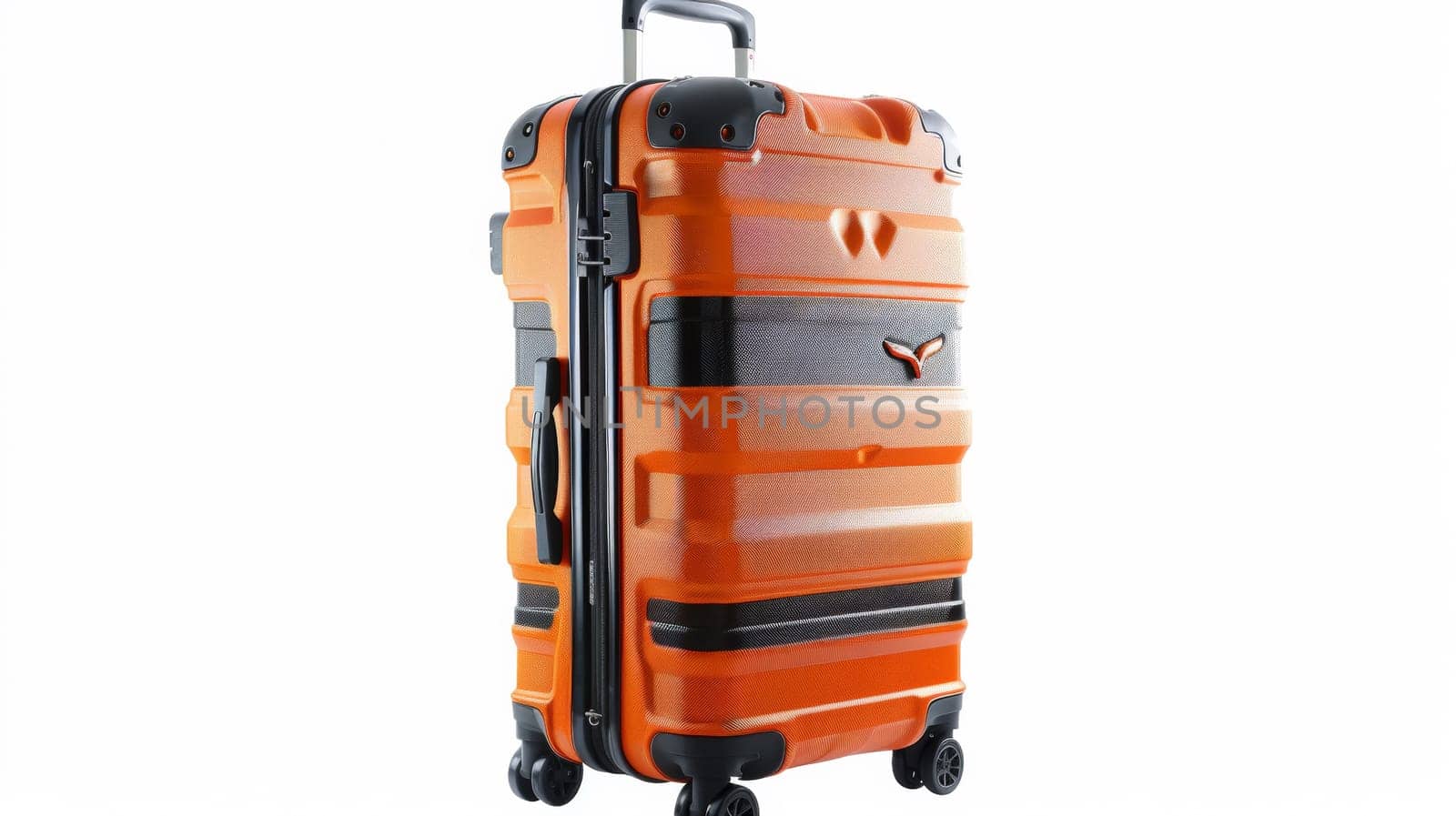 A piece of a orange suitcase with wheels on white background
