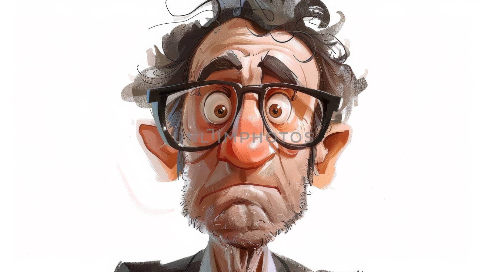 A cartoon of a man with glasses and curly hair