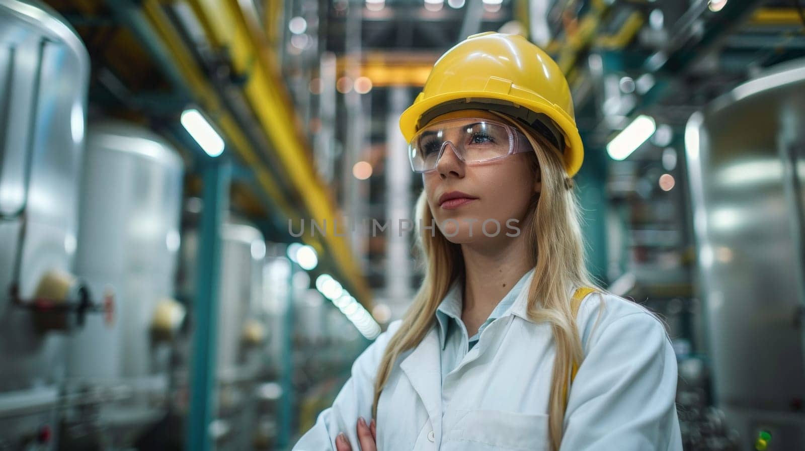 A woman in a hard hat and safety glasses standing inside of an industrial building