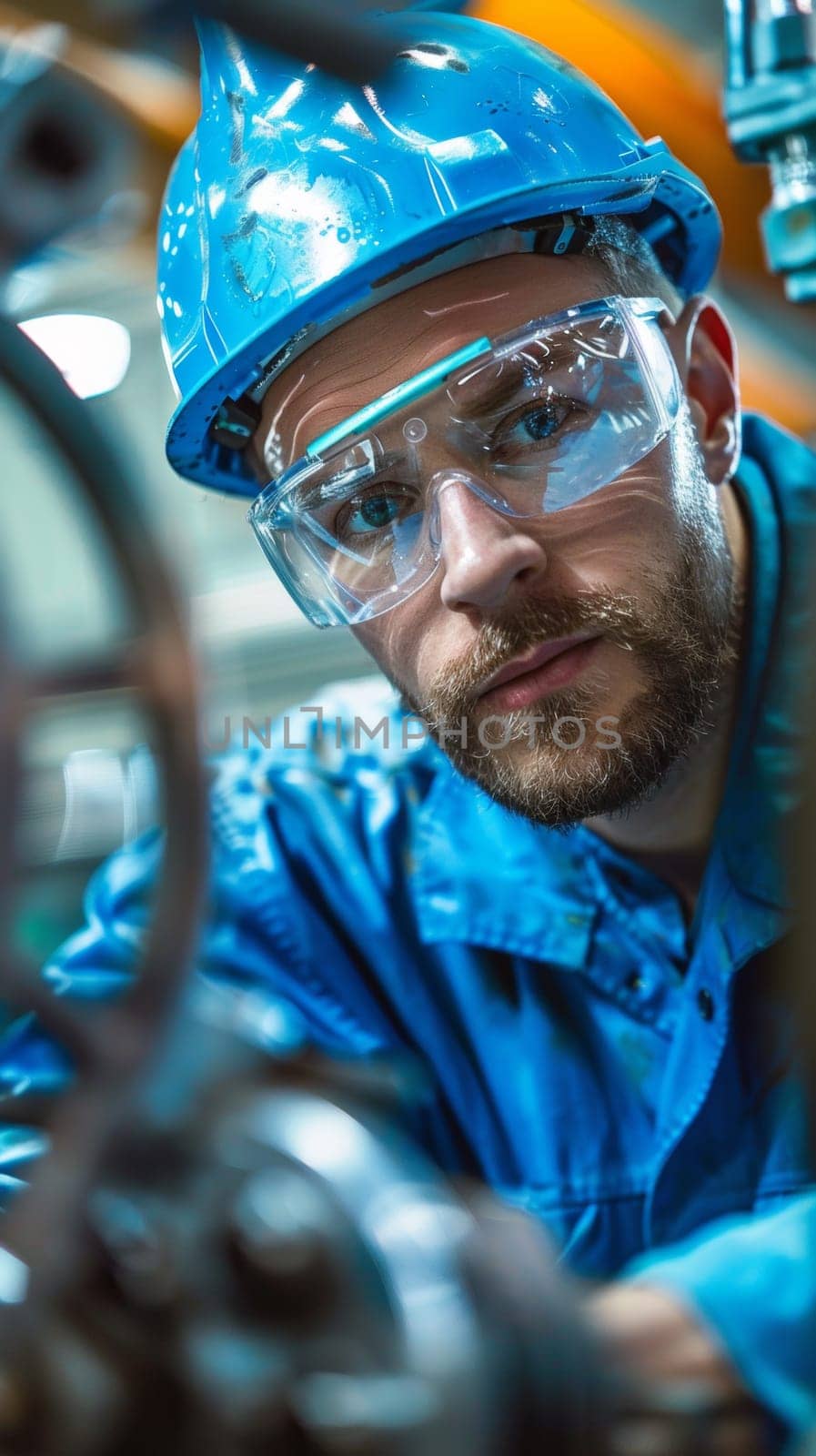 A man in blue hard hat and safety glasses working on machinery