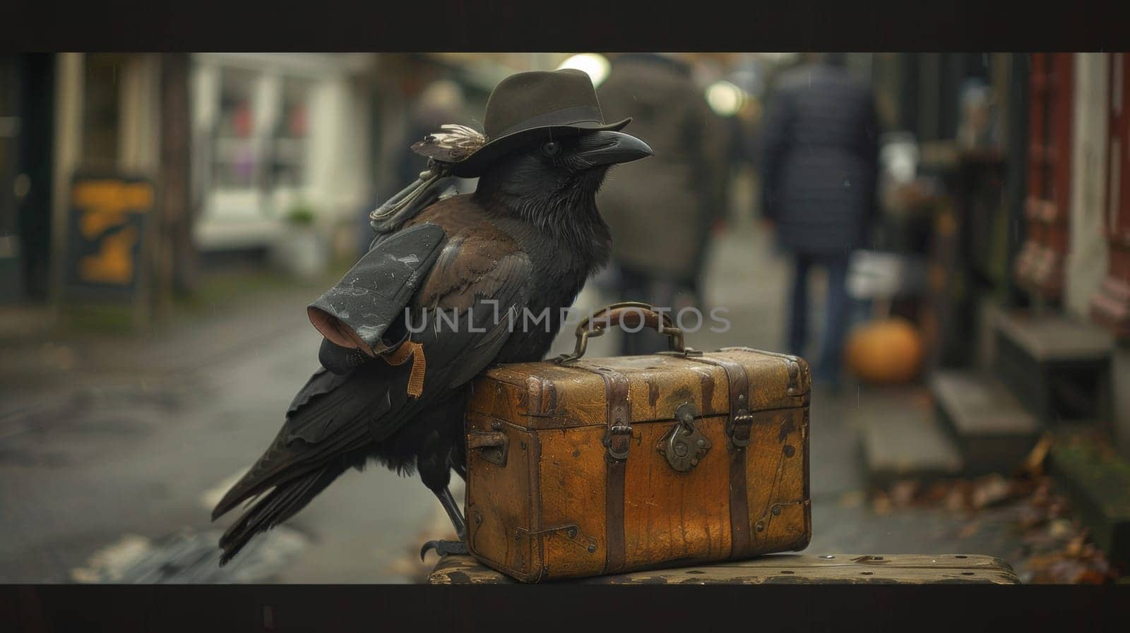 A crow with a hat and suitcase on the street