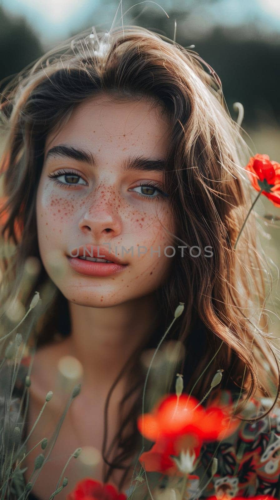 A woman with freckles standing in a field of flowers, AI by starush