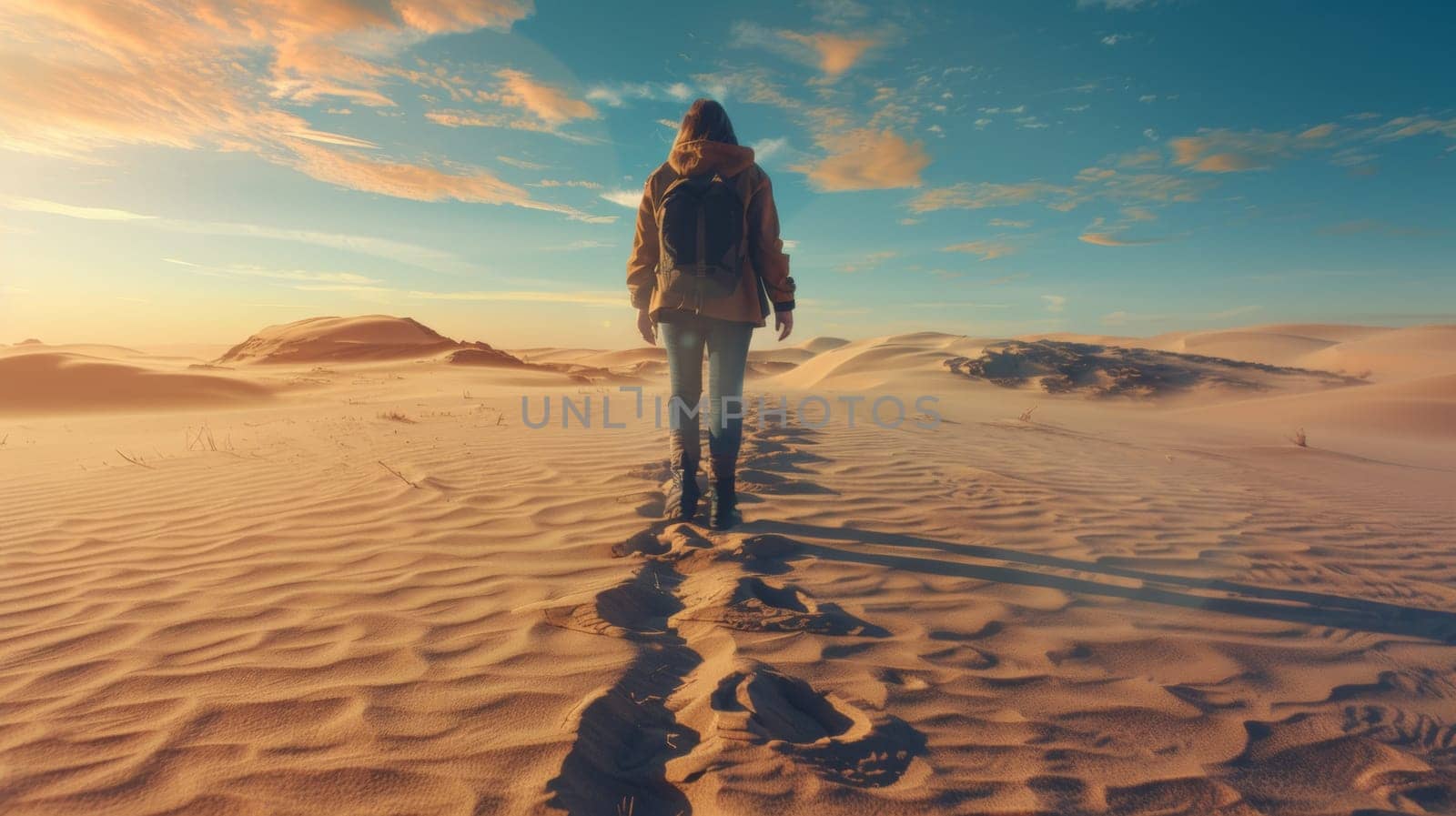 A person walking across a desert with sand dunes in the background