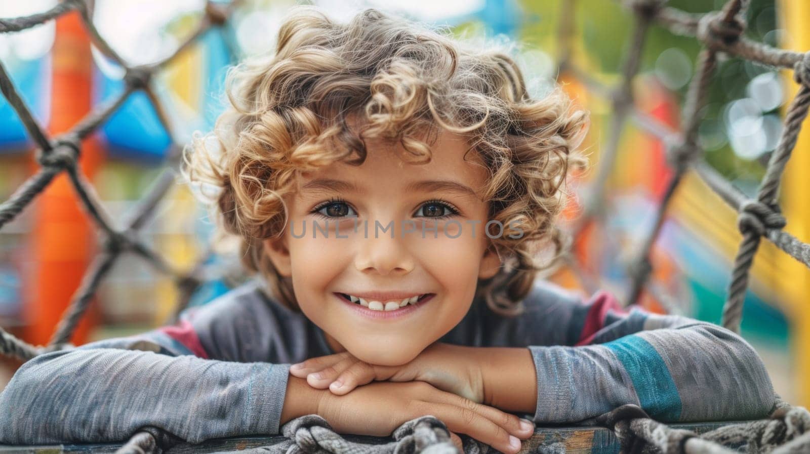 A young boy smiling while sitting in a rope swing, AI by starush