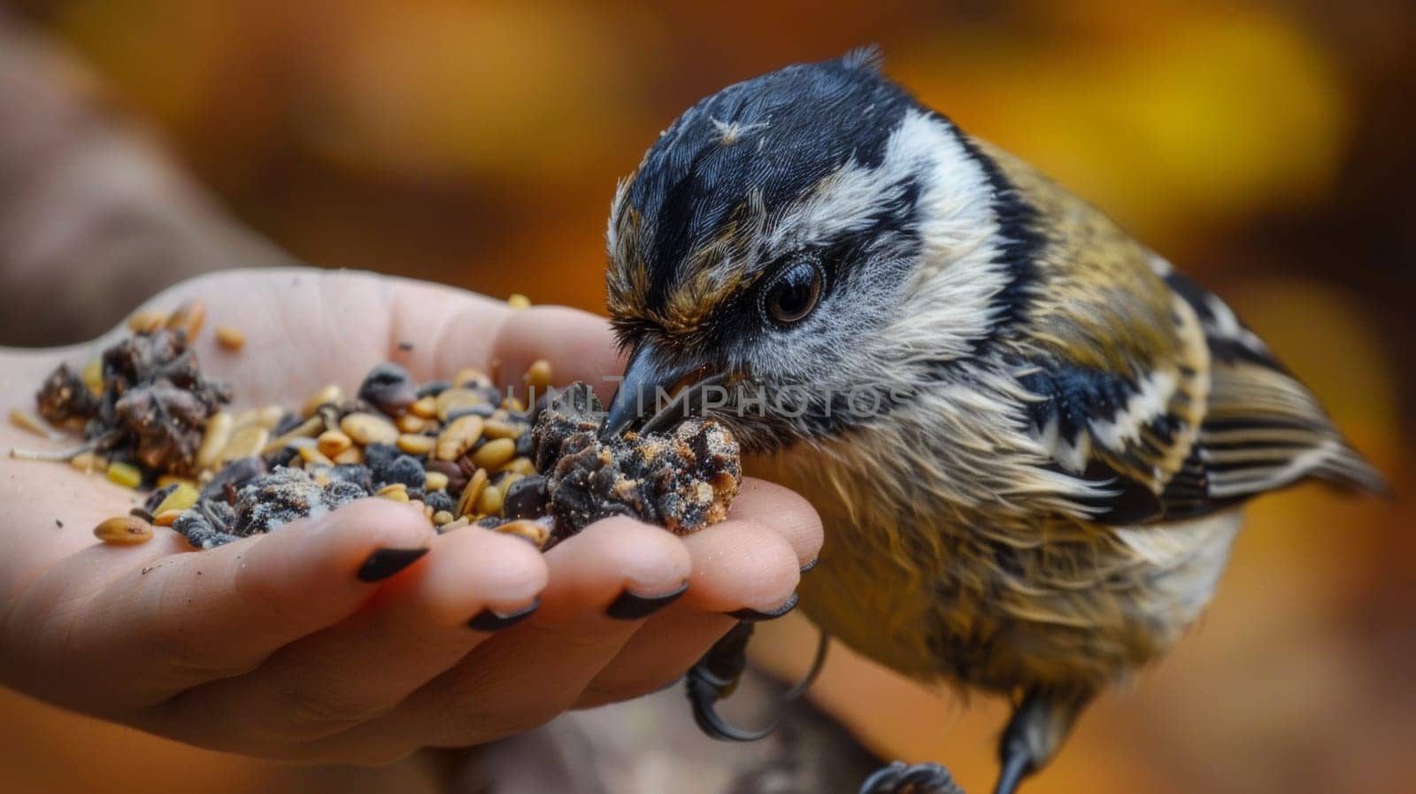 A bird is eating seeds from a person's hand