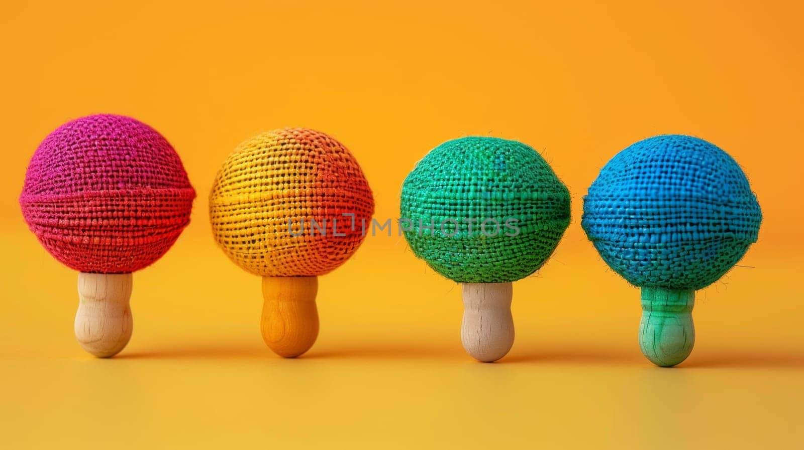 A row of colorful maracas on a yellow background, AI by starush