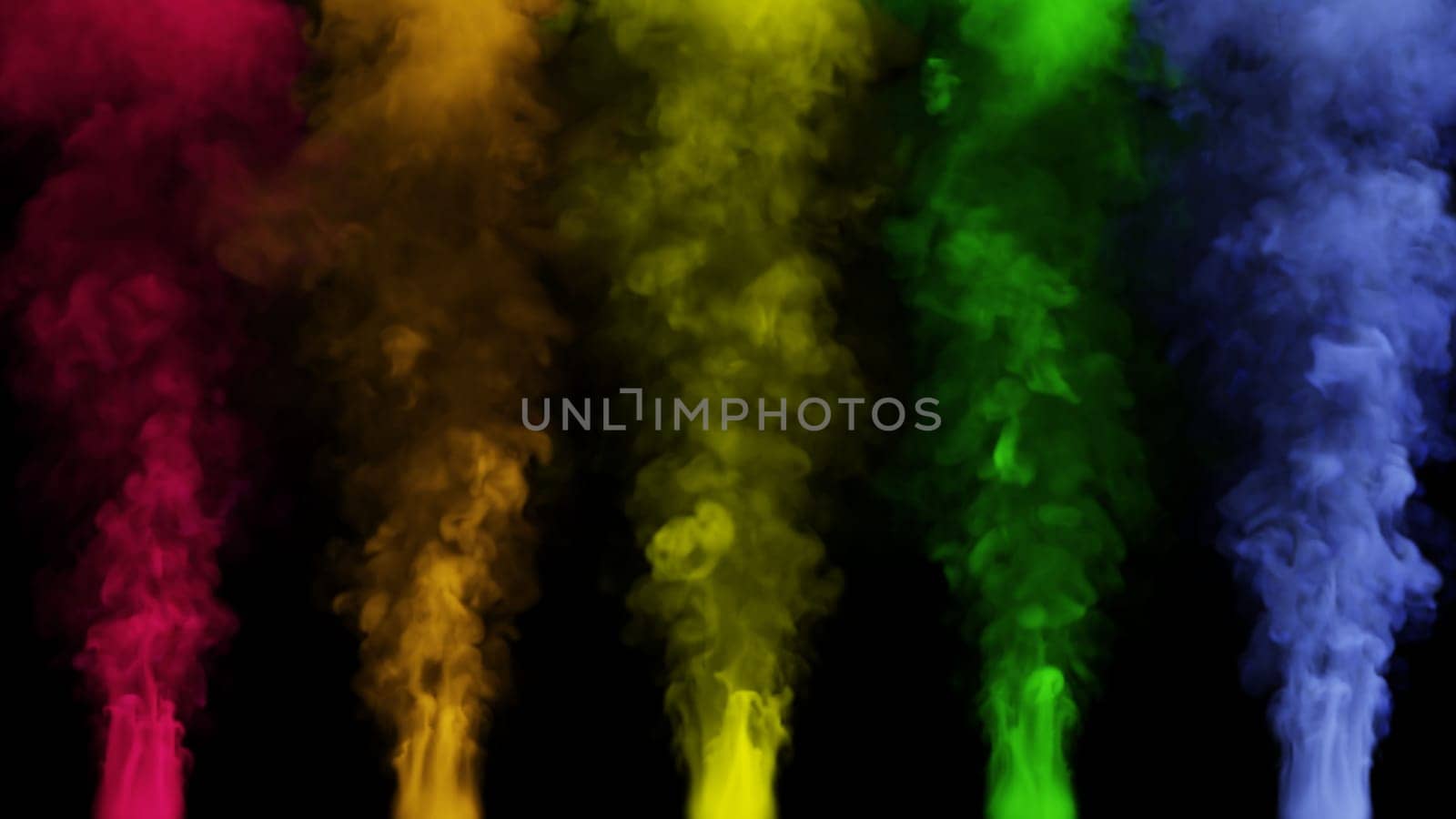 Clouds of multi-colored smoke rise up on a black background. 3d illustration. by mrwed54