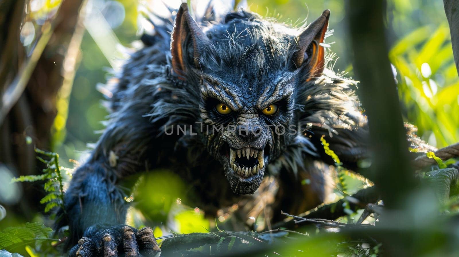 A close up of a werewolf with its mouth open and teeth bared, AI by starush