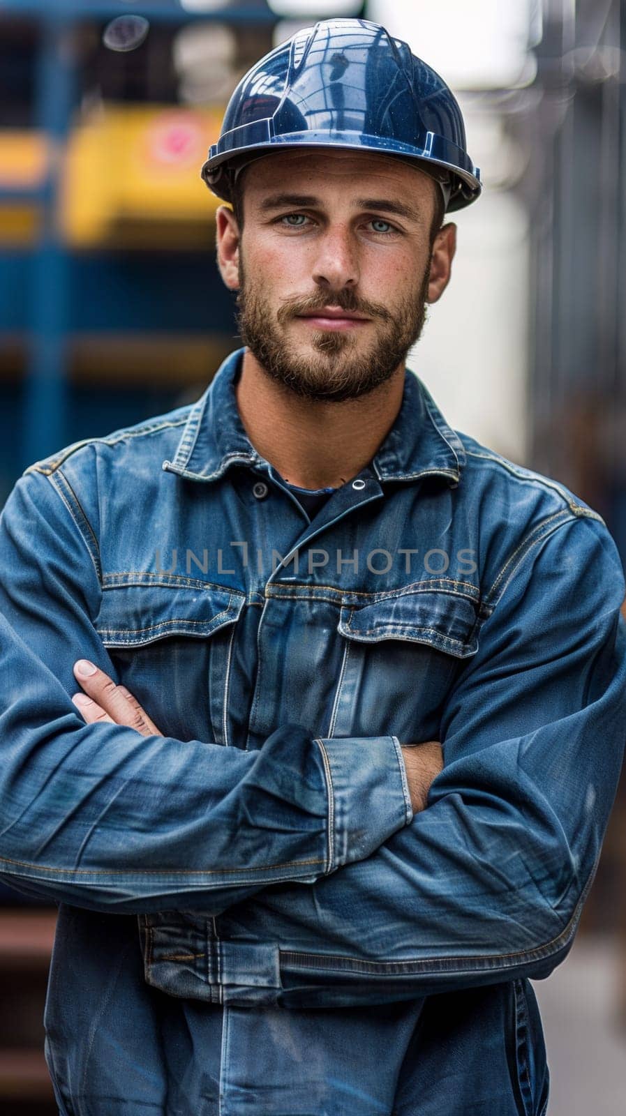 A man in a hard hat standing with his arms crossed