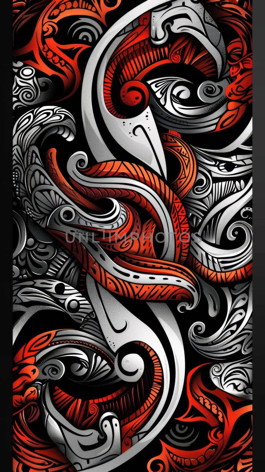 A large painting of a stylized design with red and white swirls