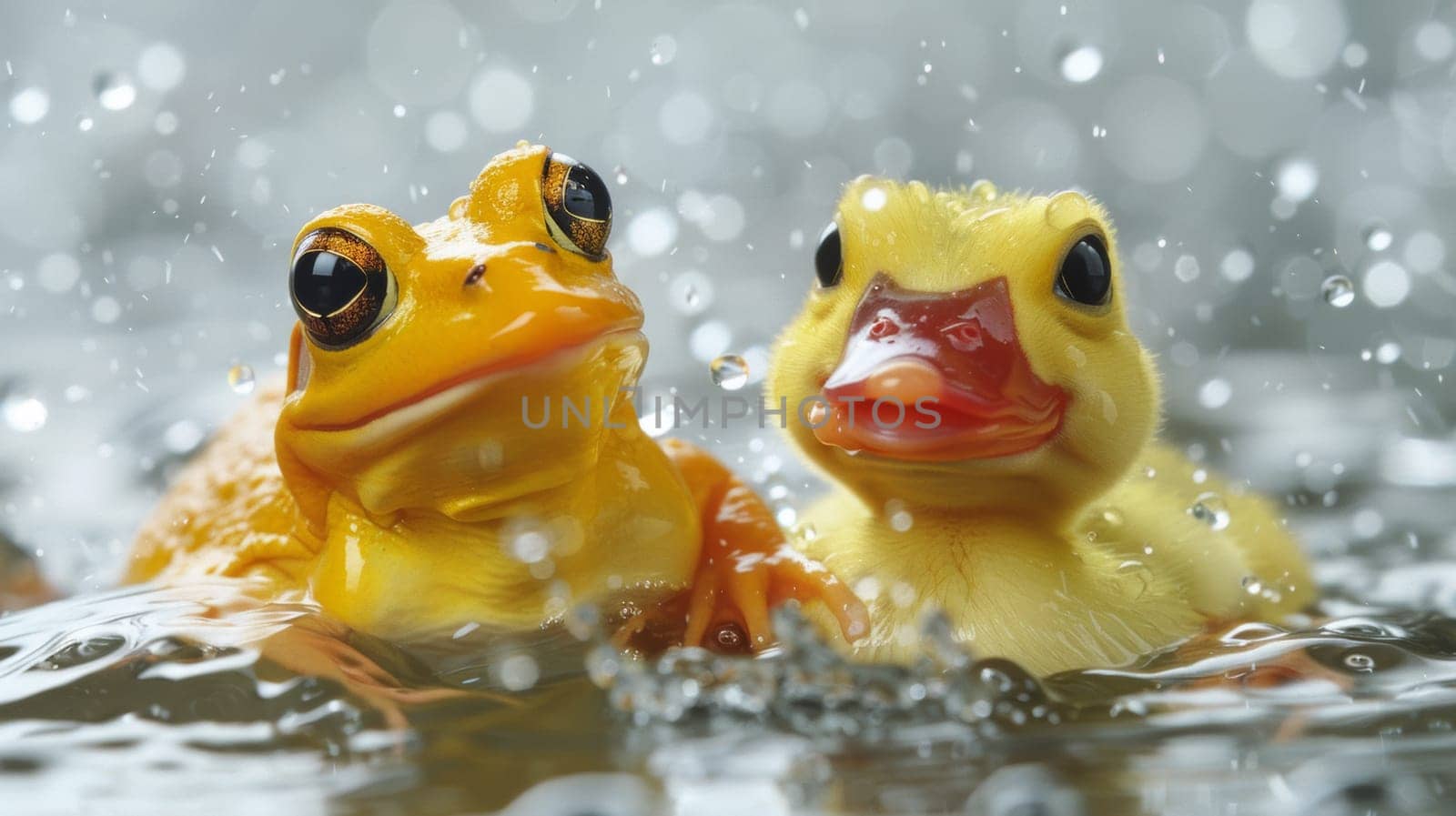 Two yellow frogs sitting in the water next to each other, AI by starush