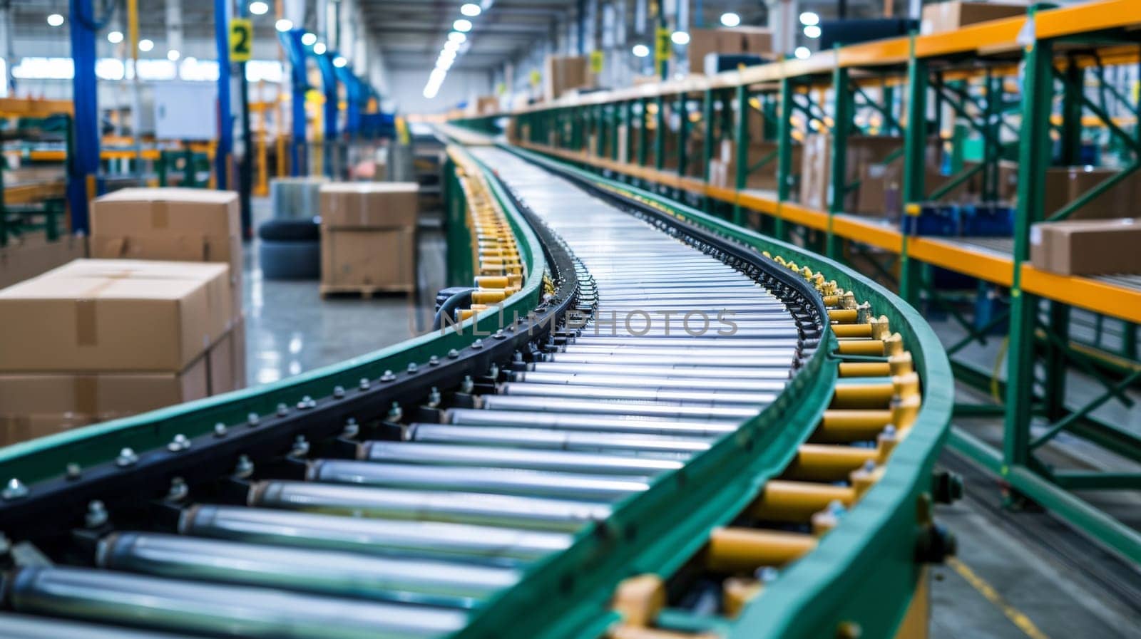 A conveyor belt in a warehouse with boxes on it, AI by starush