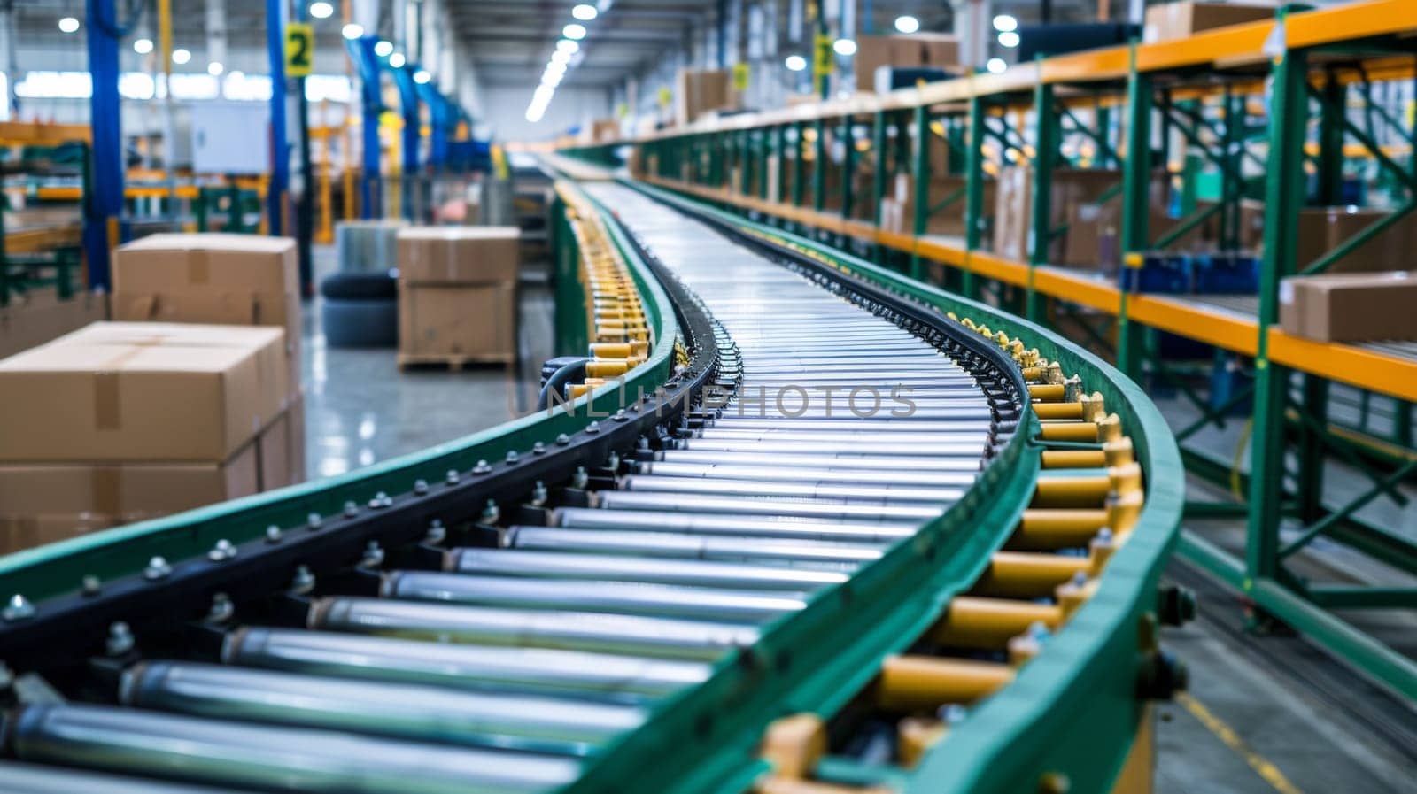 A conveyor belt in a warehouse with boxes on it