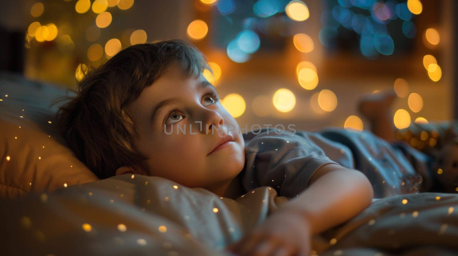 A young boy laying on a bed with lights in the background