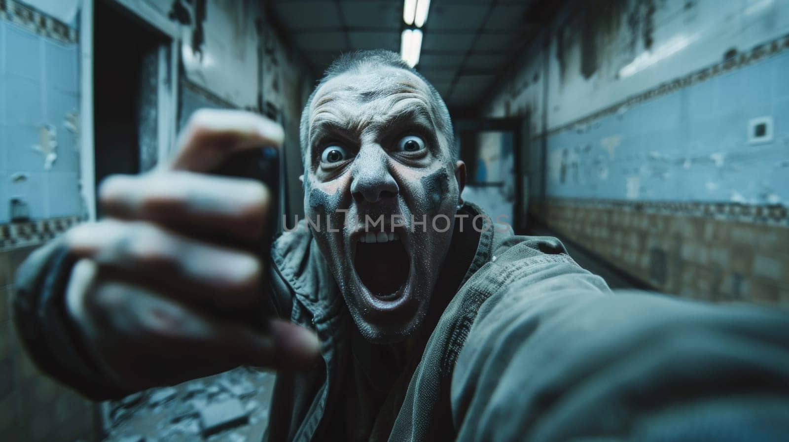 A man with a face painted on holding up his phone, AI by starush