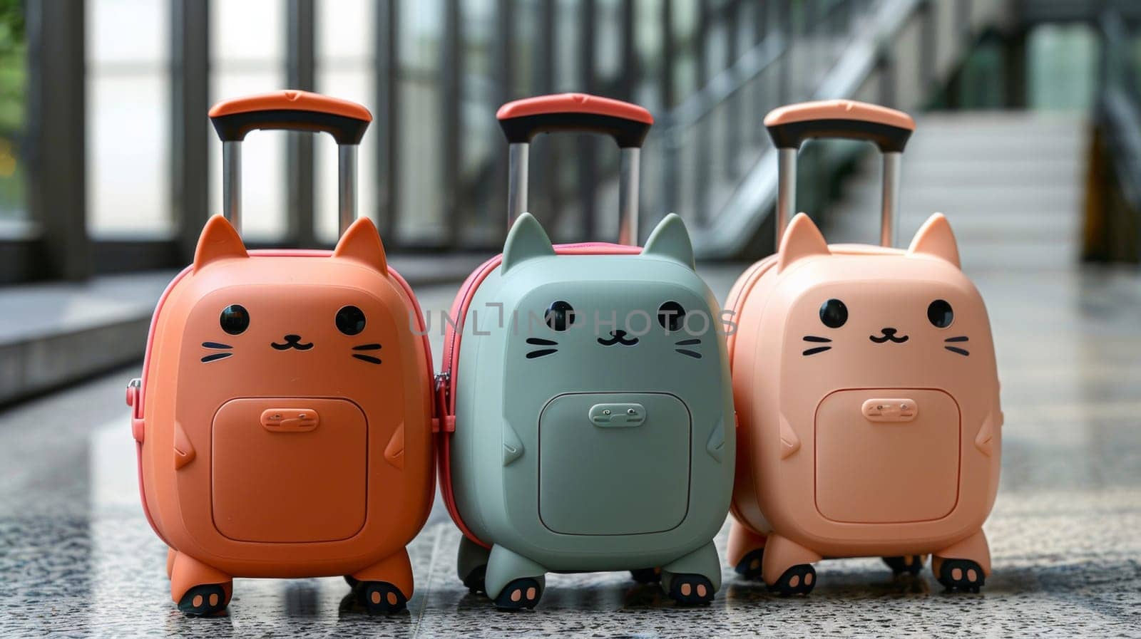 Three colorful luggage pieces with cat faces on them