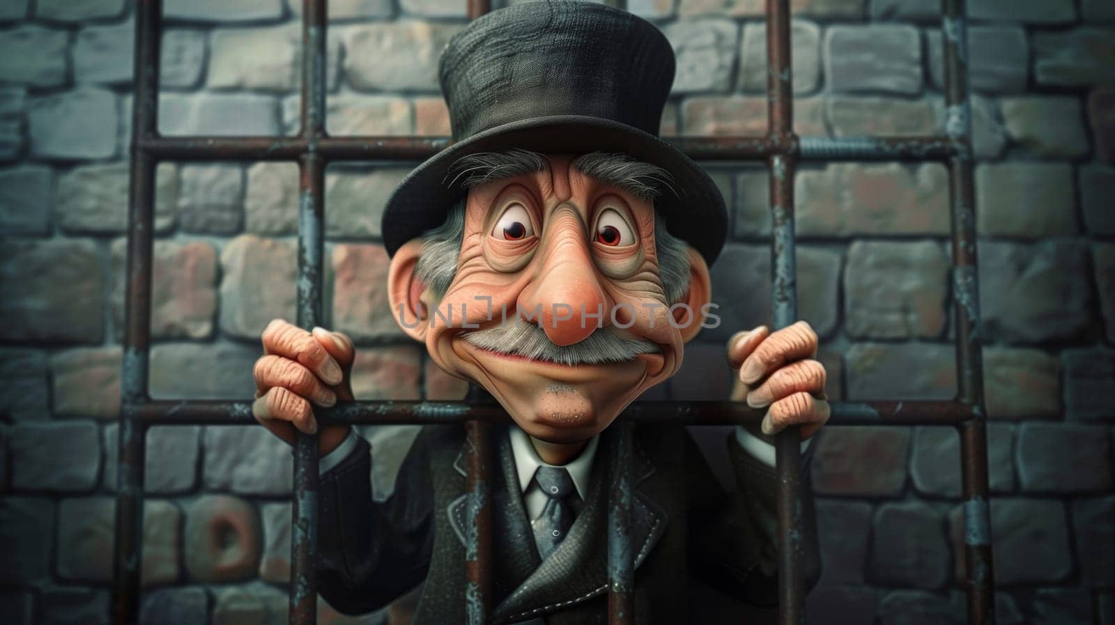 A cartoon character with a top hat and mustache behind bars, AI by starush