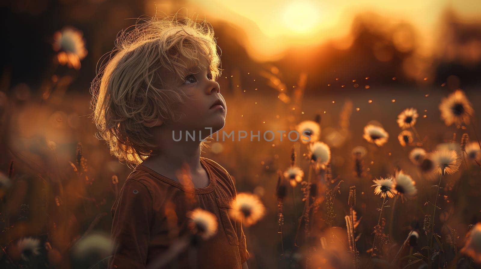 A little boy standing in a field of flowers with sun setting behind him, AI by starush