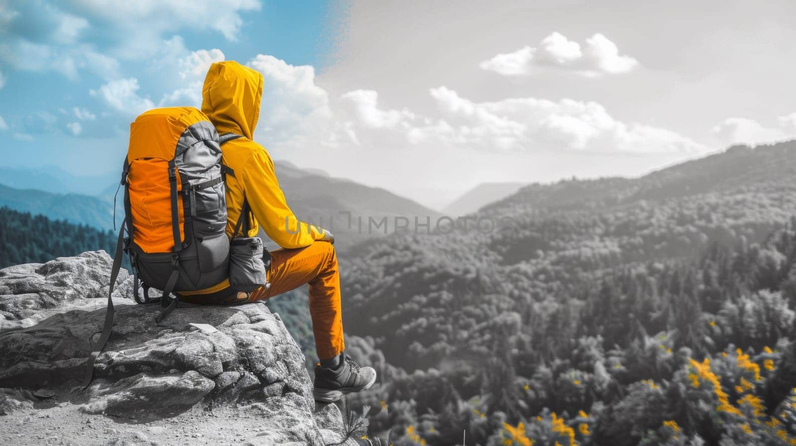 A person sitting on a rock with backpack looking at the mountains, AI by starush