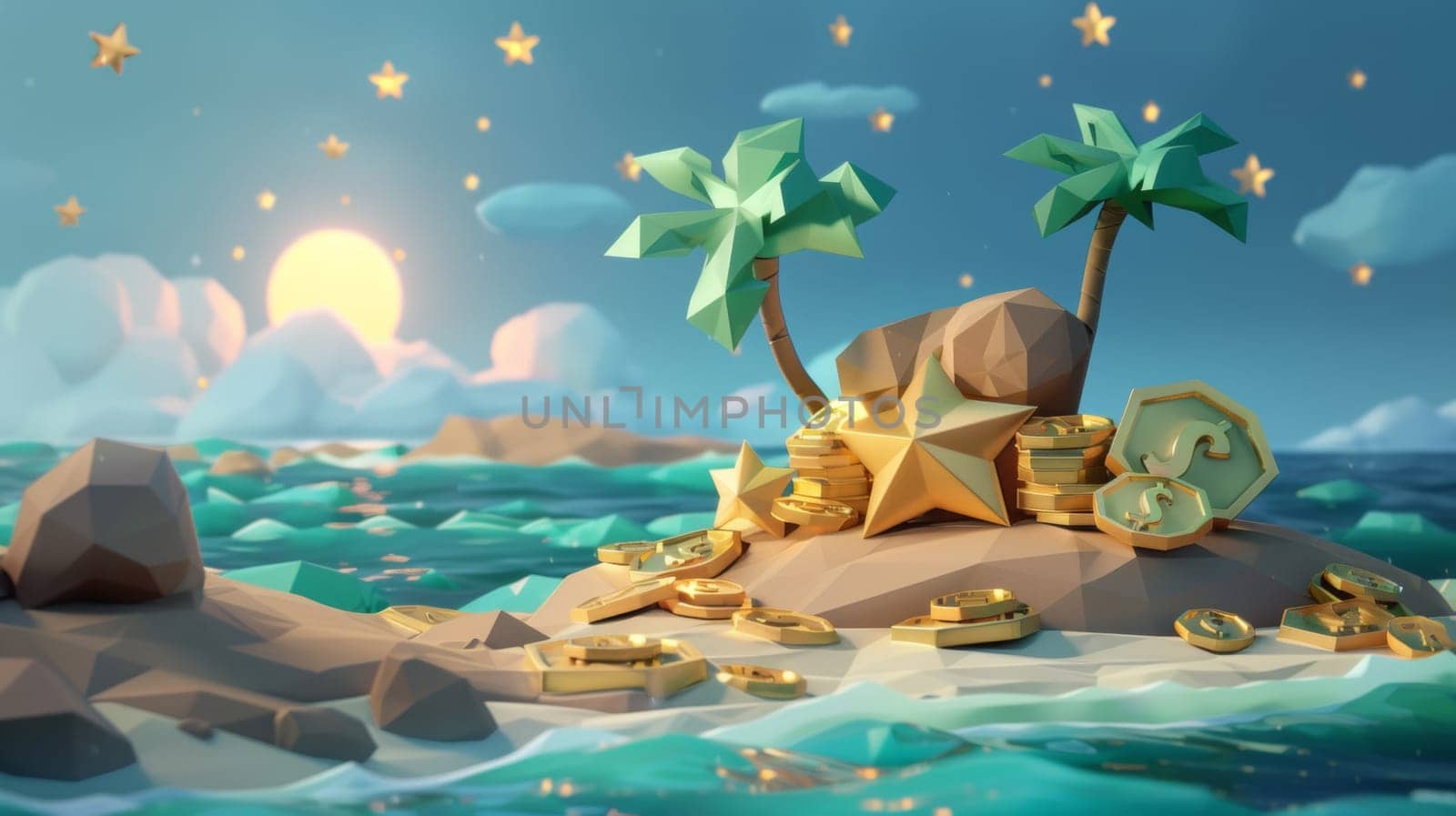 A small island with a star and palm tree on it