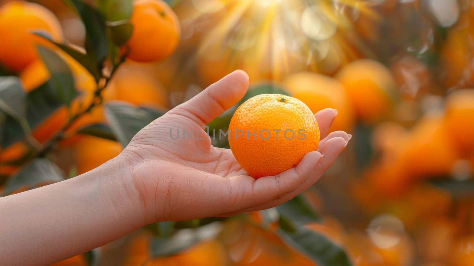 A hand holding an orange in a tree with sunlight, AI by starush