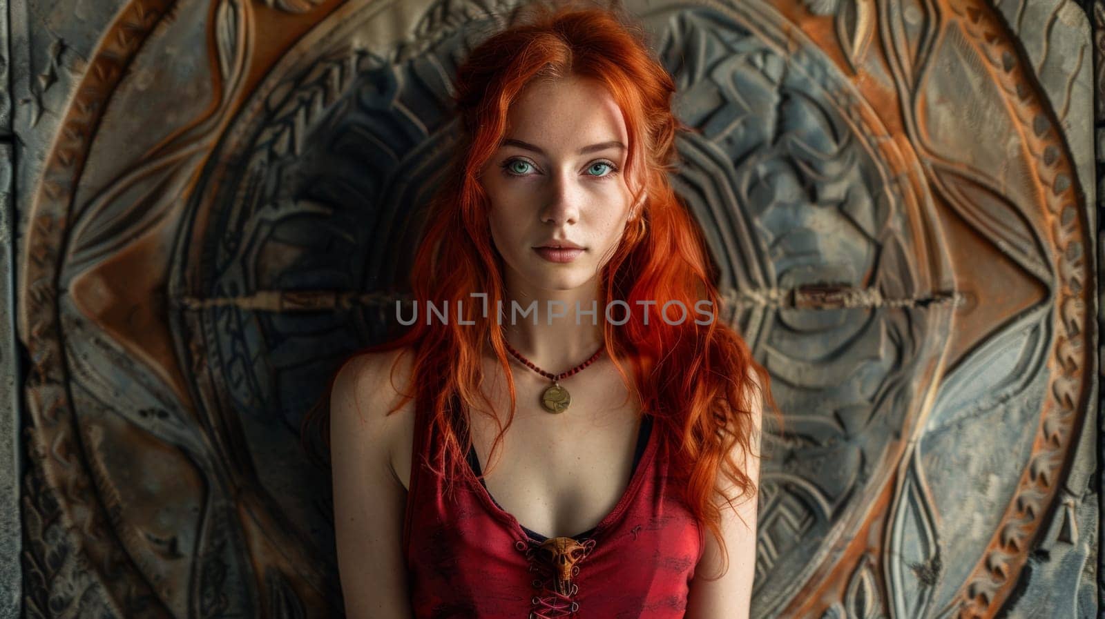 A woman with red hair posing in front of a wall