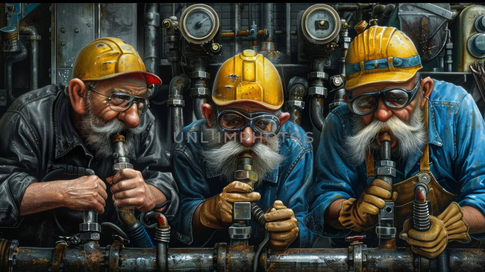 A painting of three men with hard hats and yellow safety vests