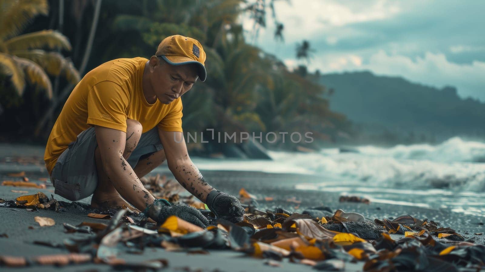 A man kneeling on the beach picking up trash from a pile, AI by starush