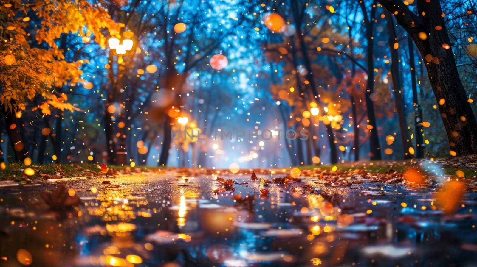 A street with leaves on the ground and lights in trees, AI by starush