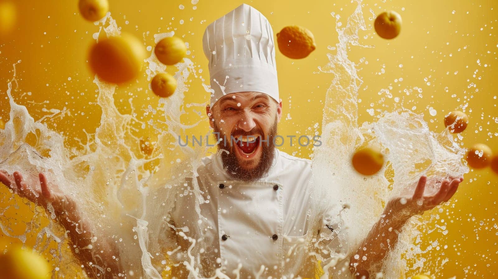 A chef in a white hat splashing water on his face, AI by starush