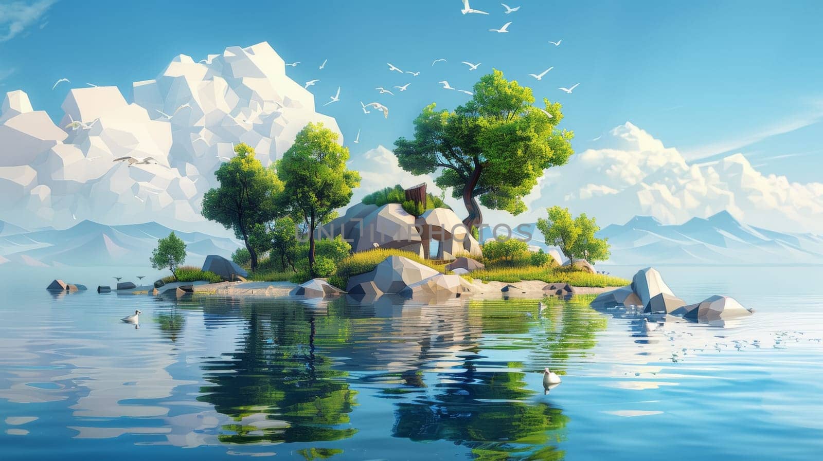 A small island with trees and birds floating in the water