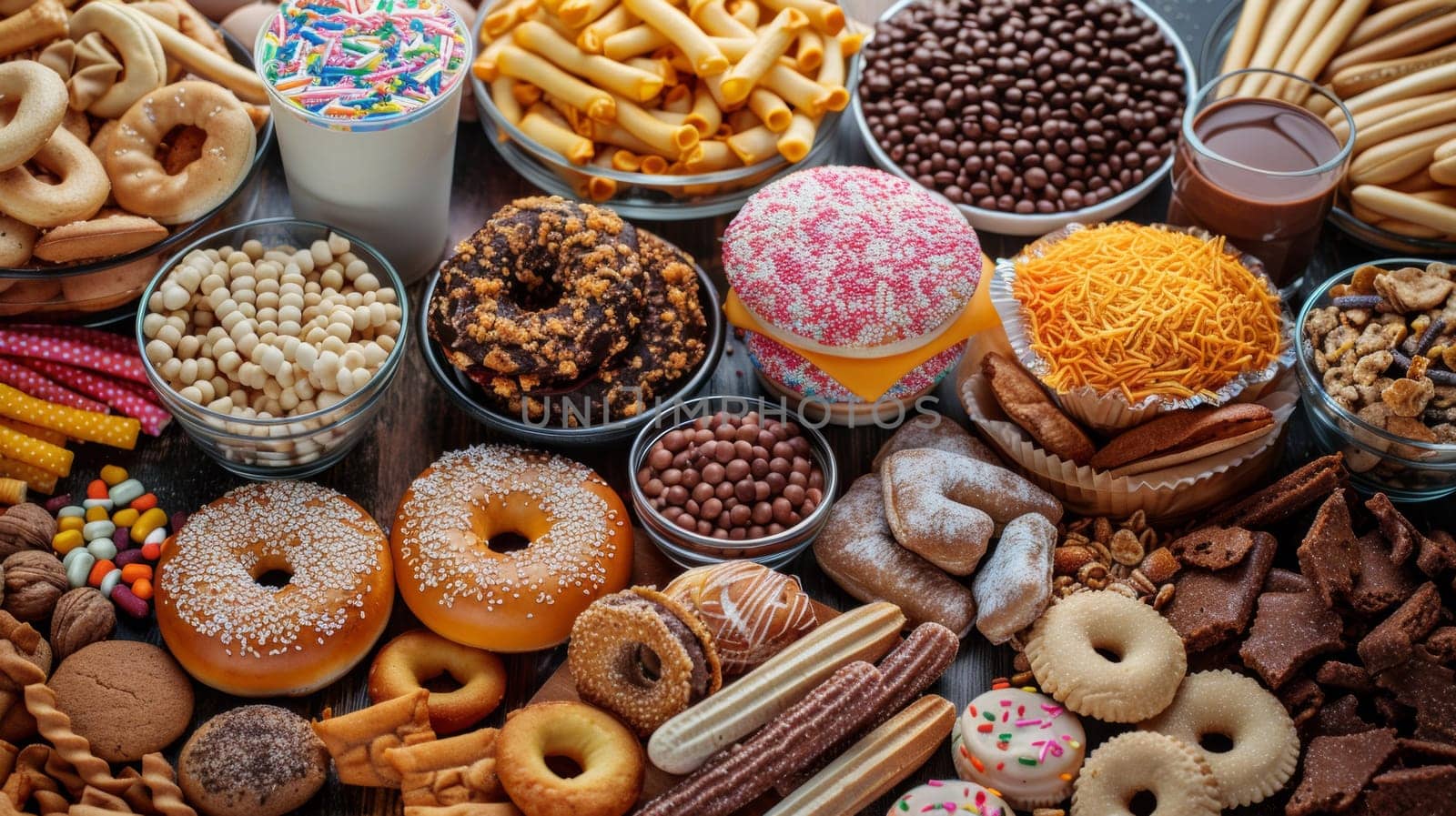 A table filled with many different types of donuts, doughnuts and other sweets, AI by starush