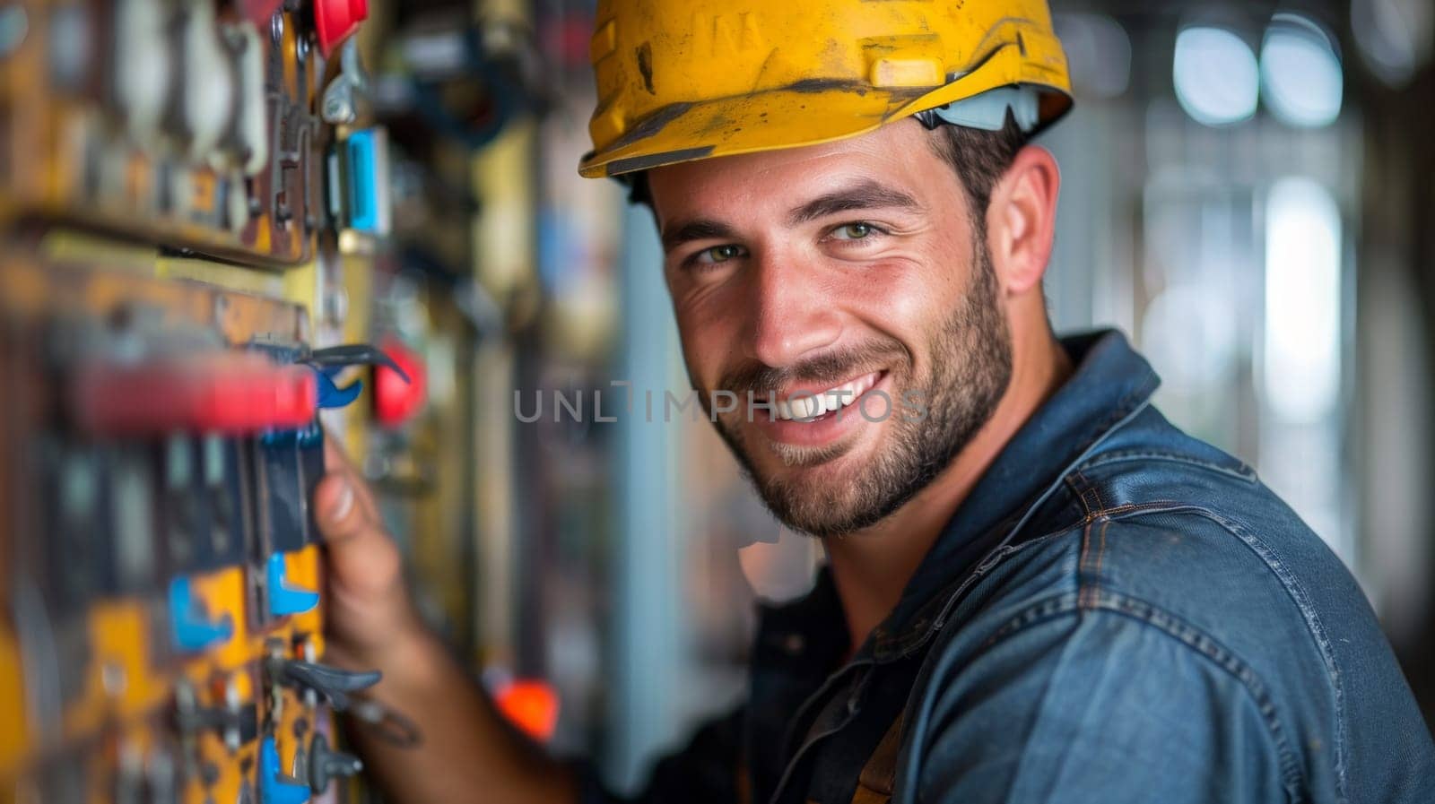 A man in a yellow hard hat smiling while working on an electrical panel, AI by starush