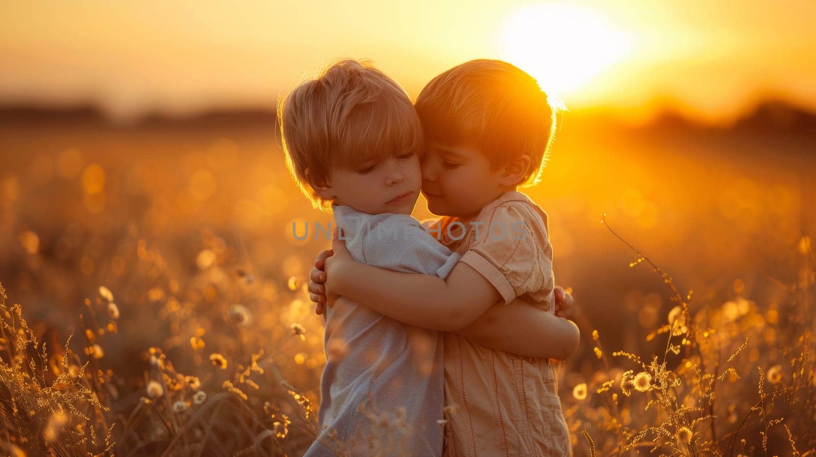 Two young boys hugging each other in a field at sunset