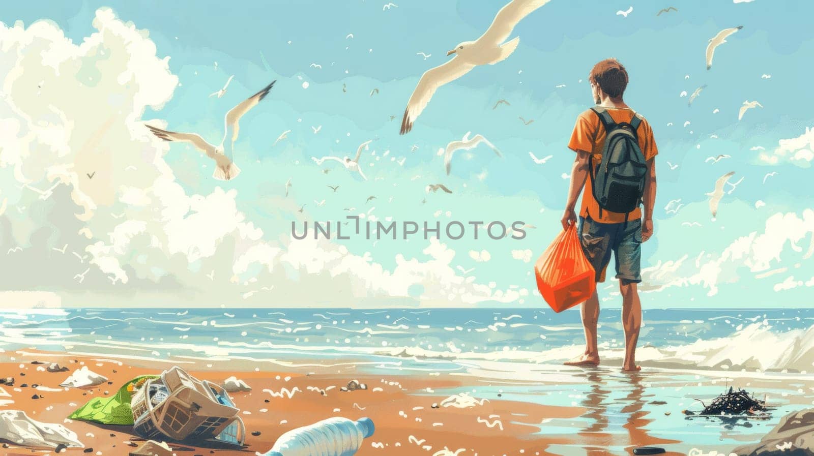 A man with backpack standing on beach looking at birds flying overhead