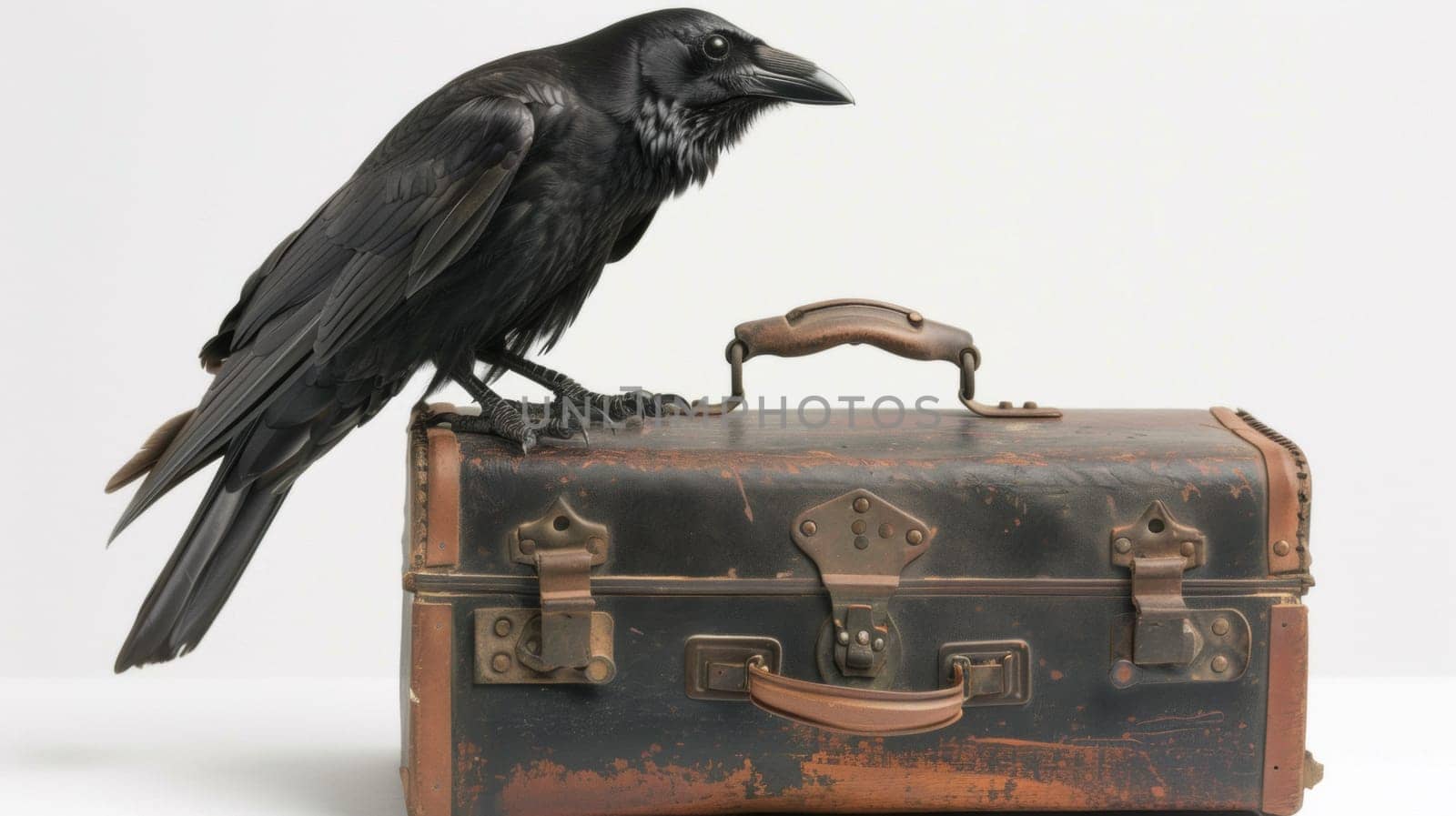 A black bird perched on a brown suitcase with white background