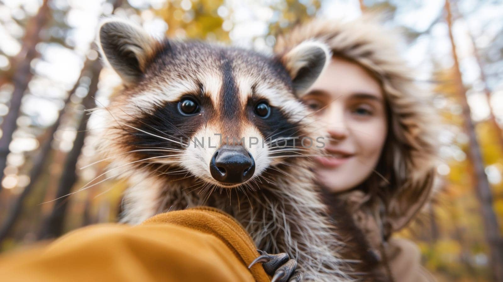 A woman holding a raccoon in her hand while smiling, AI by starush