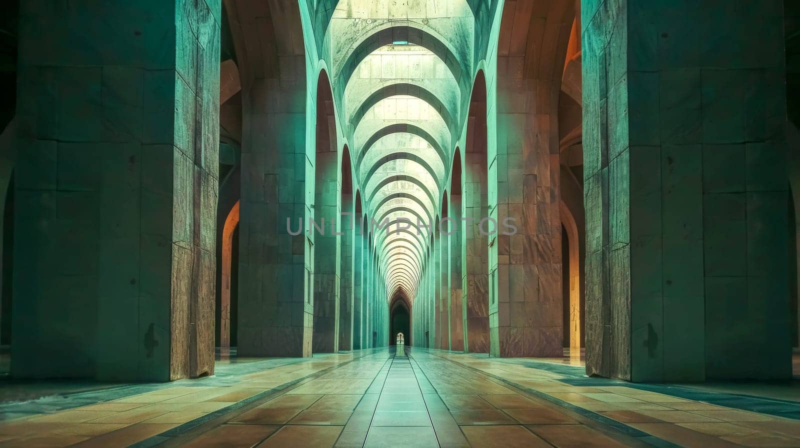 Lone figure stands in the distance of a majestic, symmetrical corridor with arches