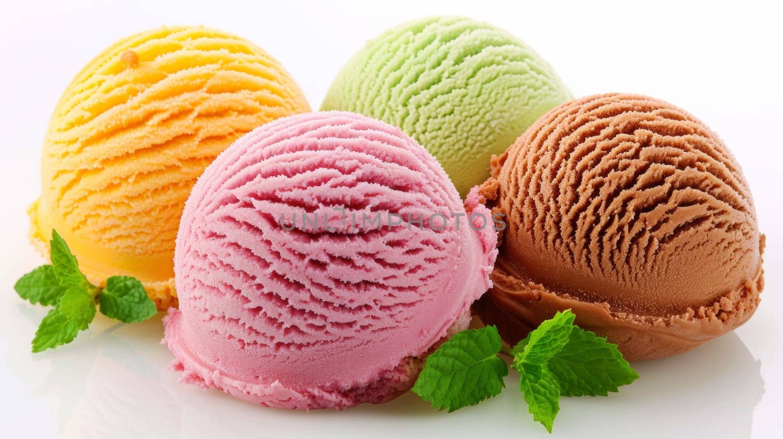 Three different colored ice cream cones with mint leaves on top