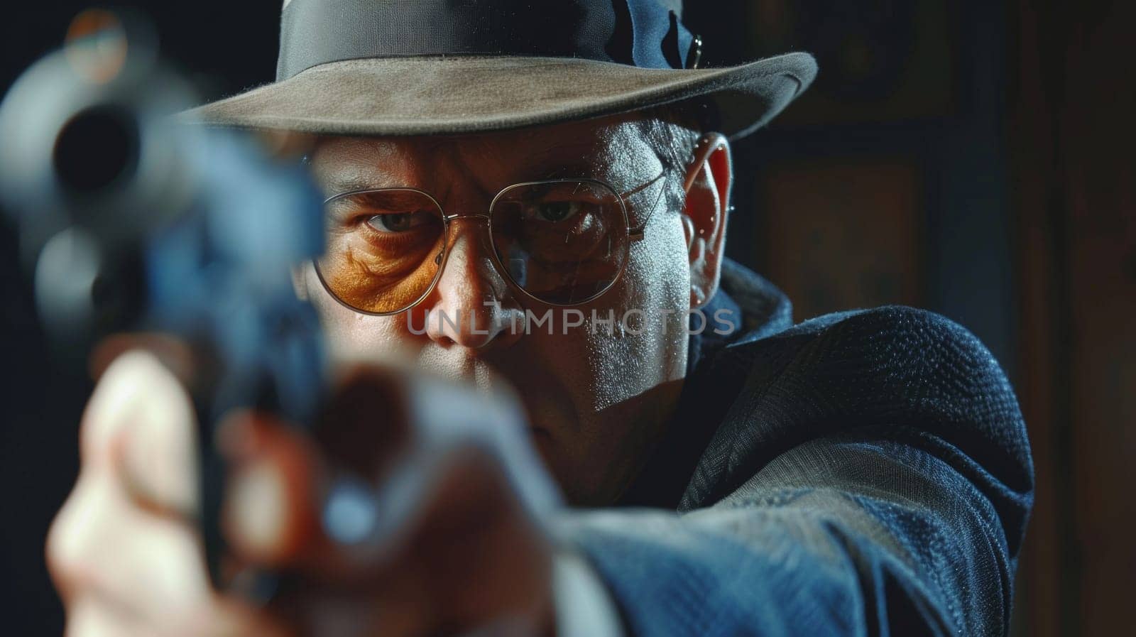 A man in a hat and glasses aiming at something with his gun