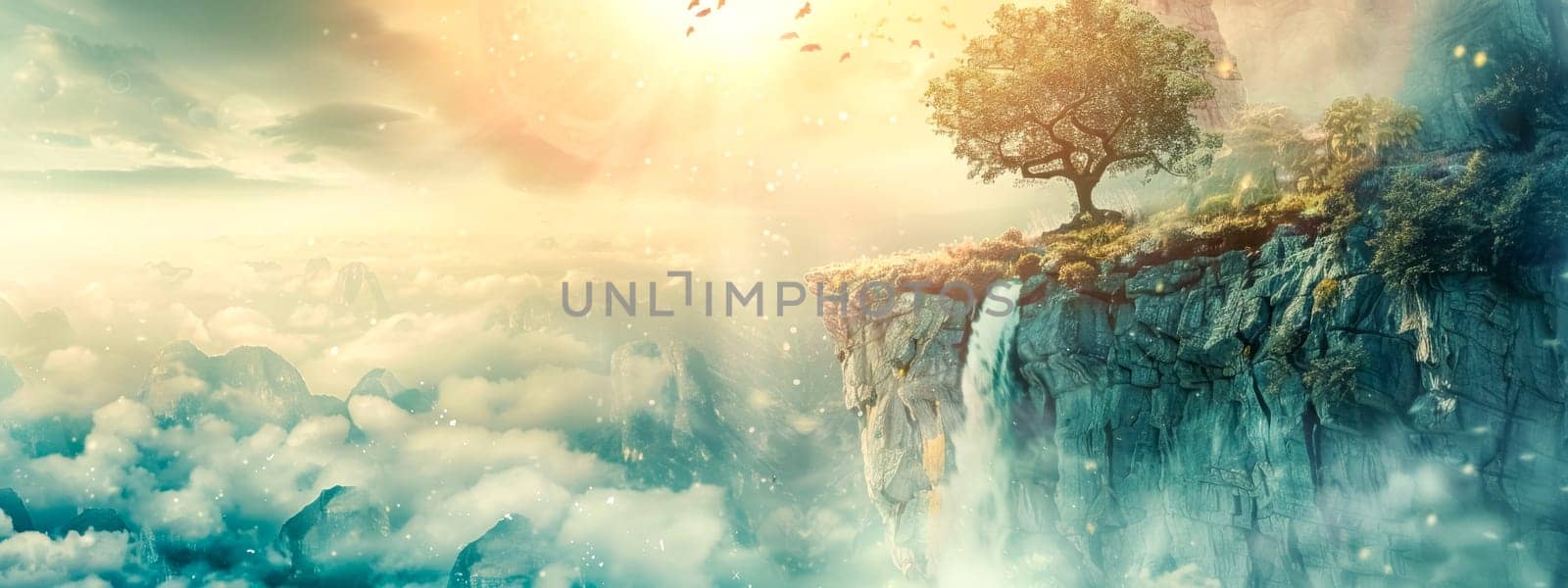 Serene panoramic view of a lone tree on a cliff with ethereal clouds and sunlight