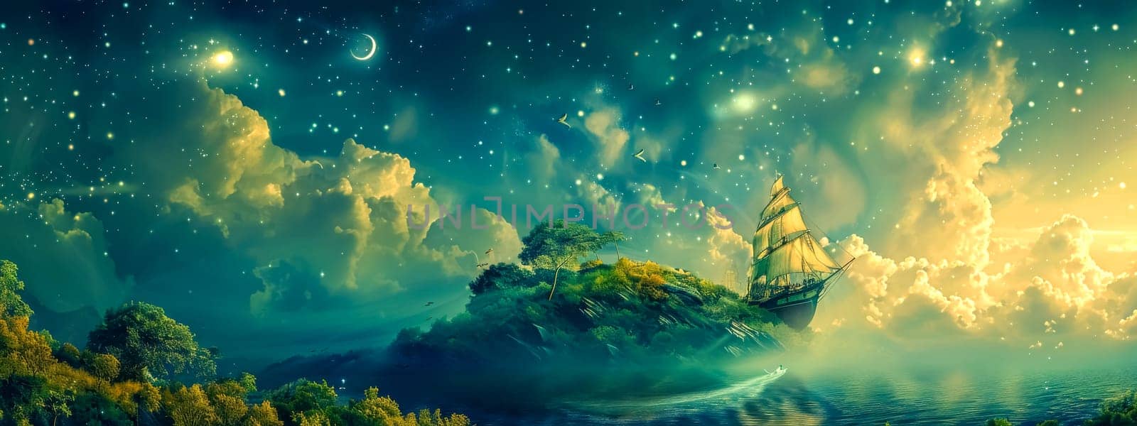 Dreamlike fantasy scene featuring an old ship sailing beside a floating island under a starry sky with crescent moon
