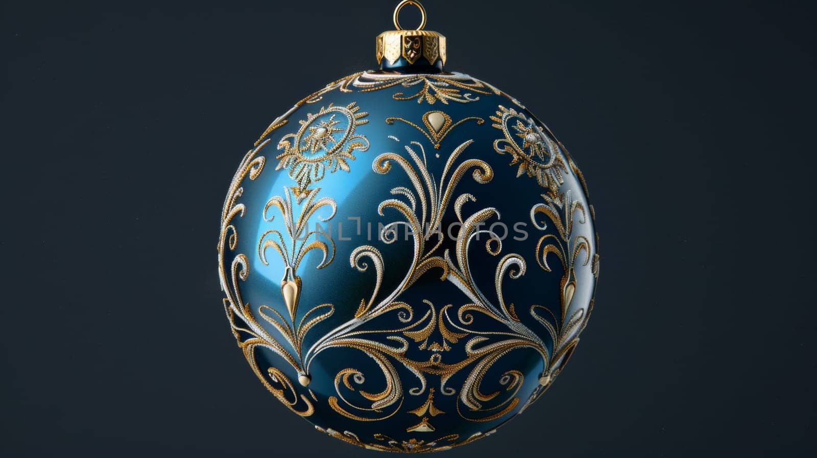 A blue ornament with gold design hanging from a black background