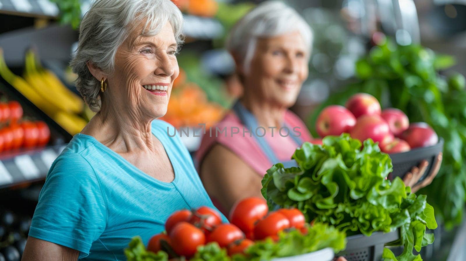 Two women in a grocery store holding baskets of fresh produce, AI by starush
