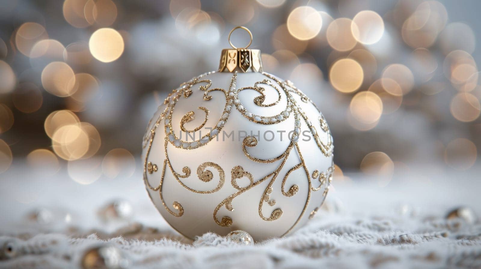 A white christmas ornament with gold decorations on a snowy background