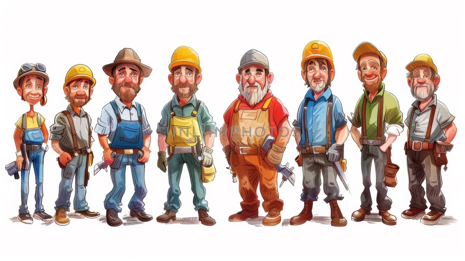 A group of cartoon construction workers with different hats and outfits