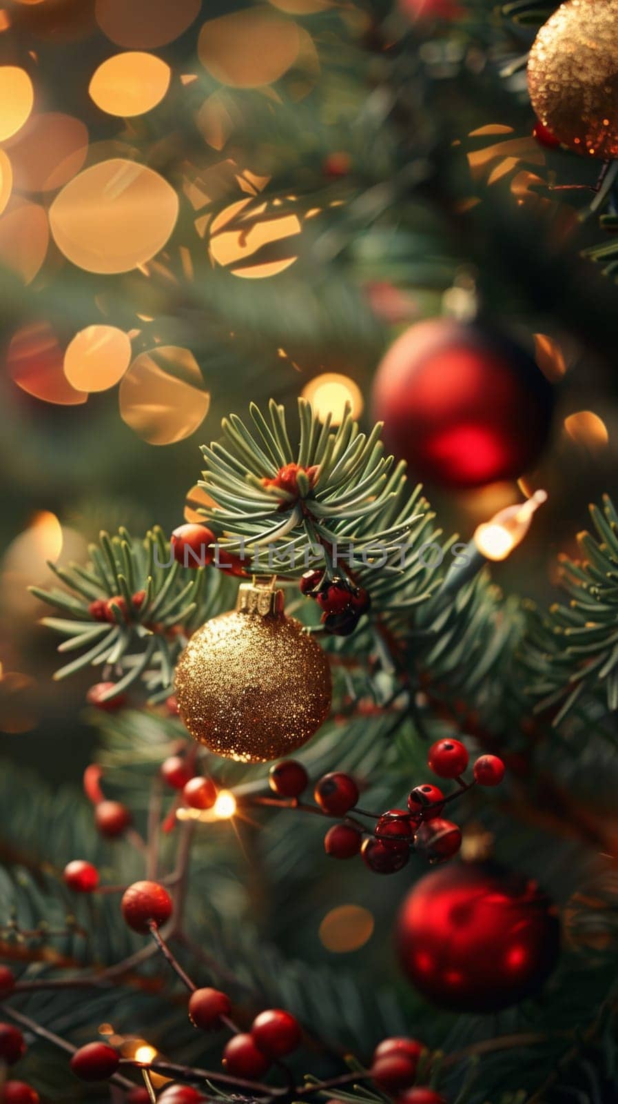 A close up of a christmas tree with red berries and gold ornaments, AI by starush