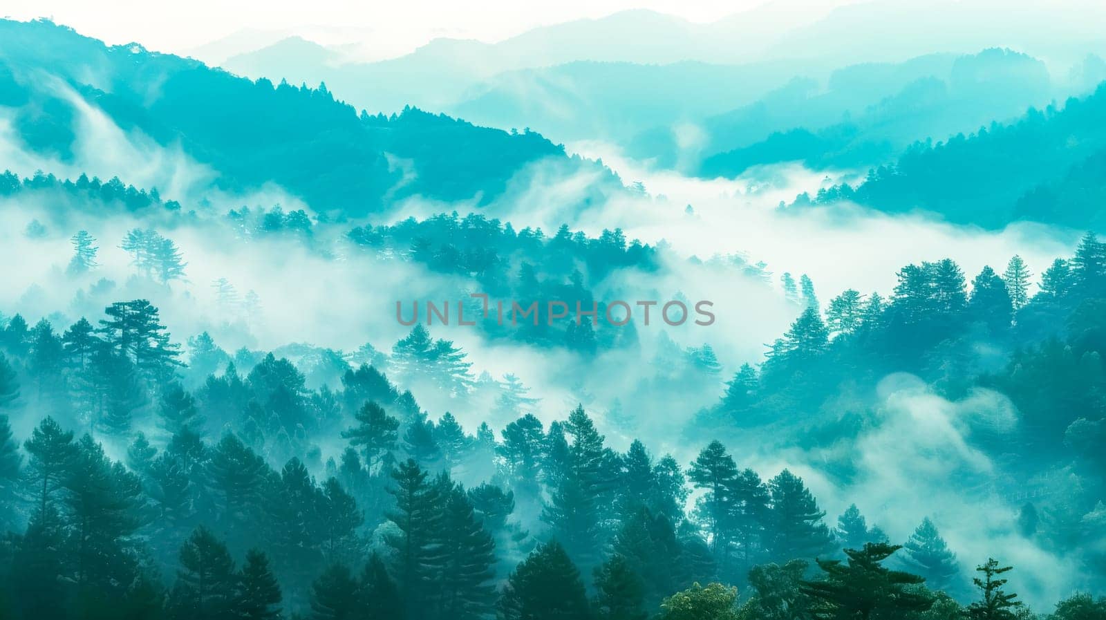 Tranquil misty mountain forest morning with serene atmosphere and lush green landscape at dawn. Ideal for eco-friendly travel destination