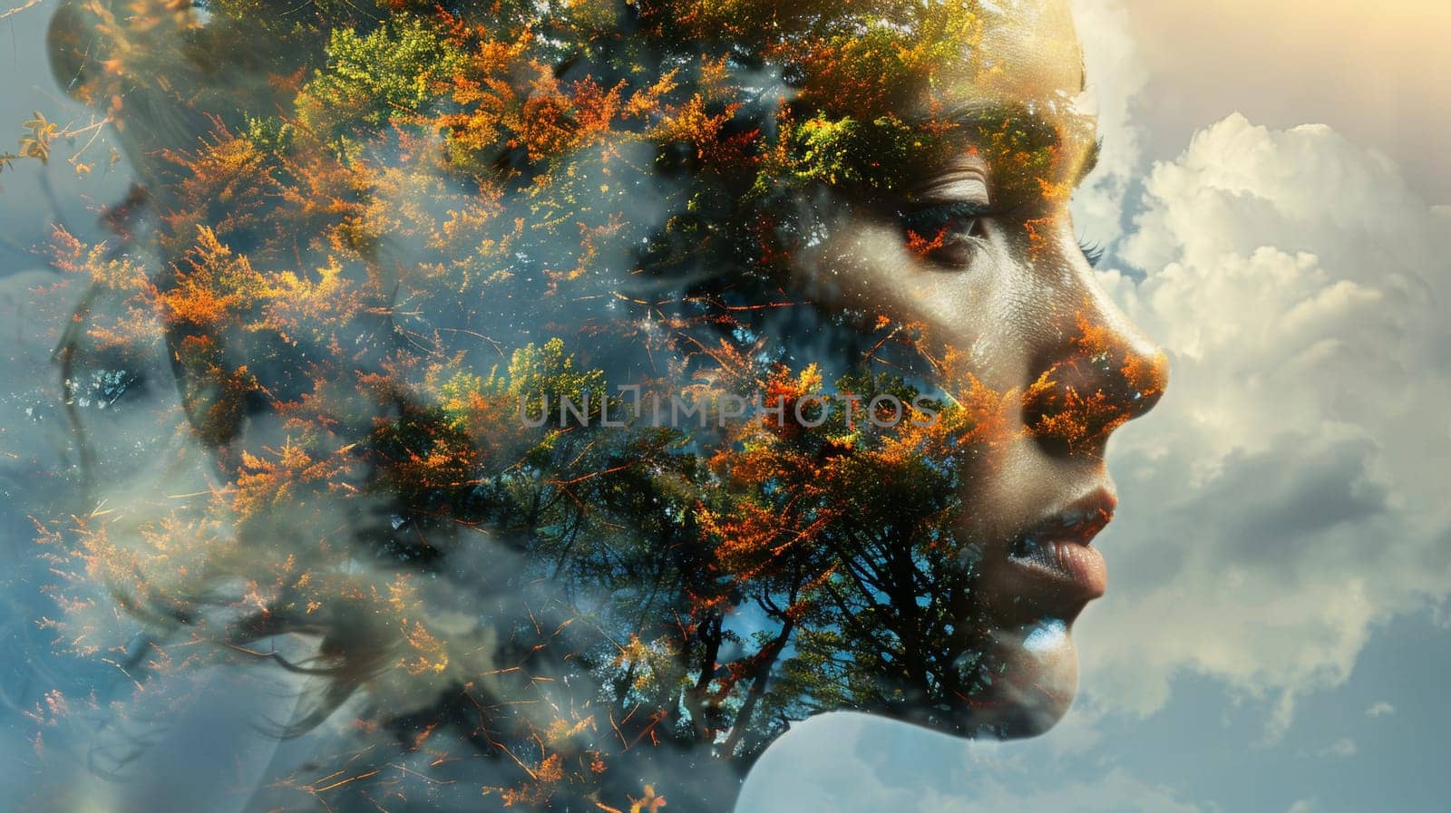 A woman's face with trees and leaves in the background