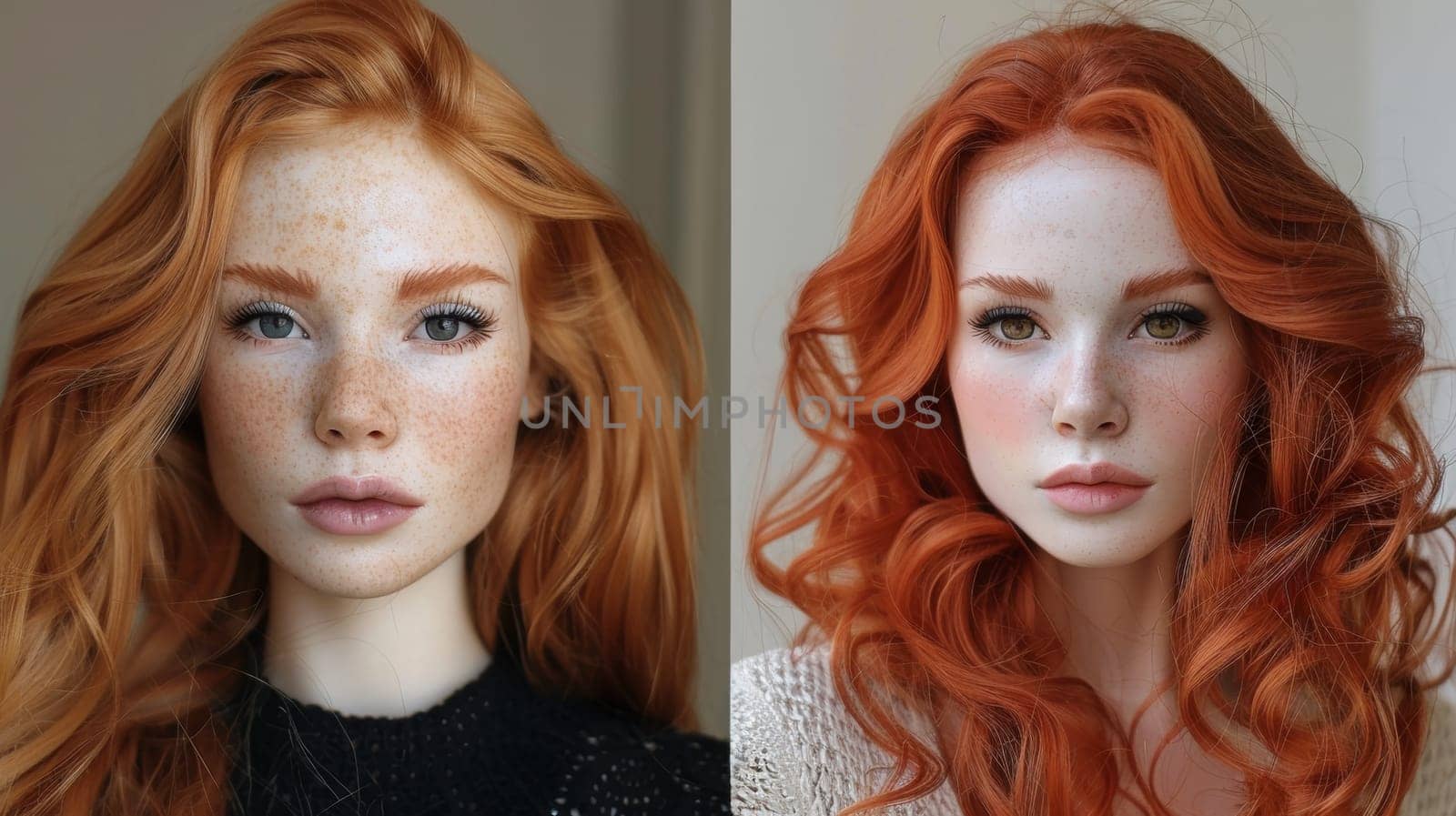 Two different pictures of a woman with red hair and freckles